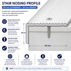 40 x 20mm Aluminium Non-Slip Ribbed Stair Nosing Edge Trim Screw Fix Diagram