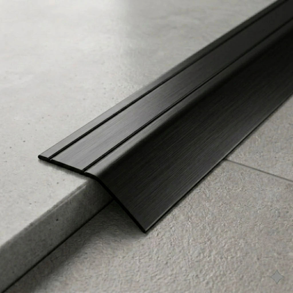 Anodised aluminium self-adhesive door threshold bar, close up, Black finish