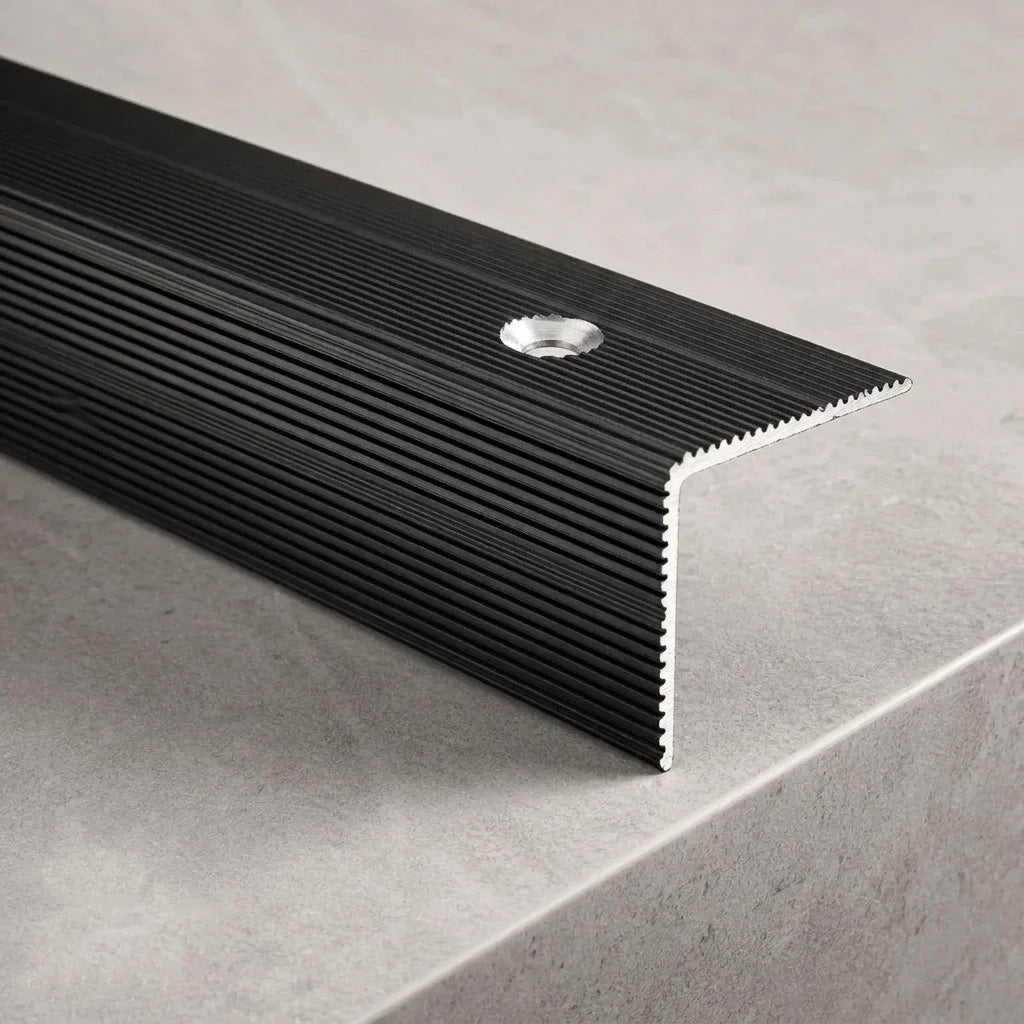 Black anodised aluminium anti-slip stair nosing 35x35mm screw fitting ribbed edge trim for stairs