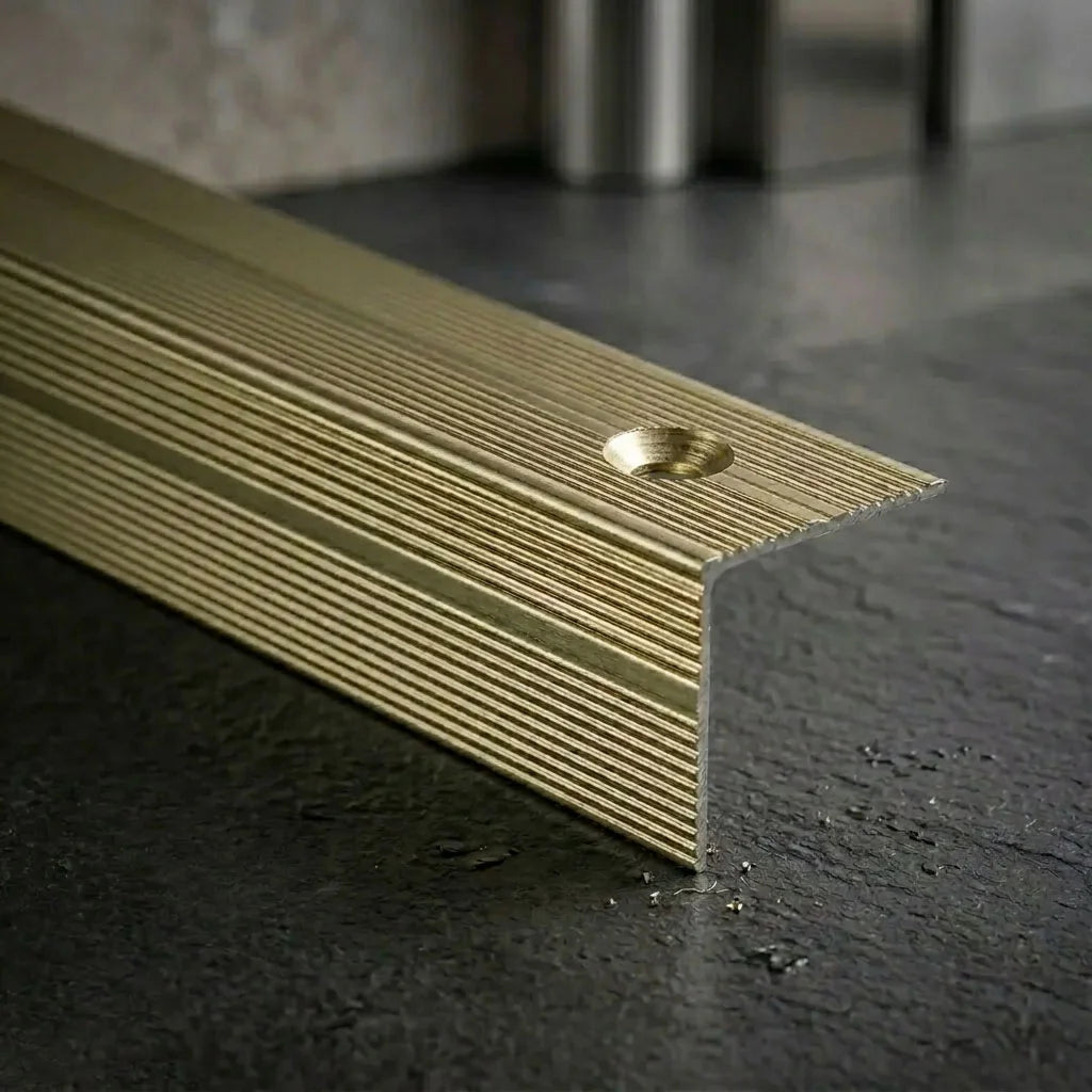 Champagne anodised aluminium anti-slip stair nosing 35x35mm screw fitting ribbed edge trim for stairs