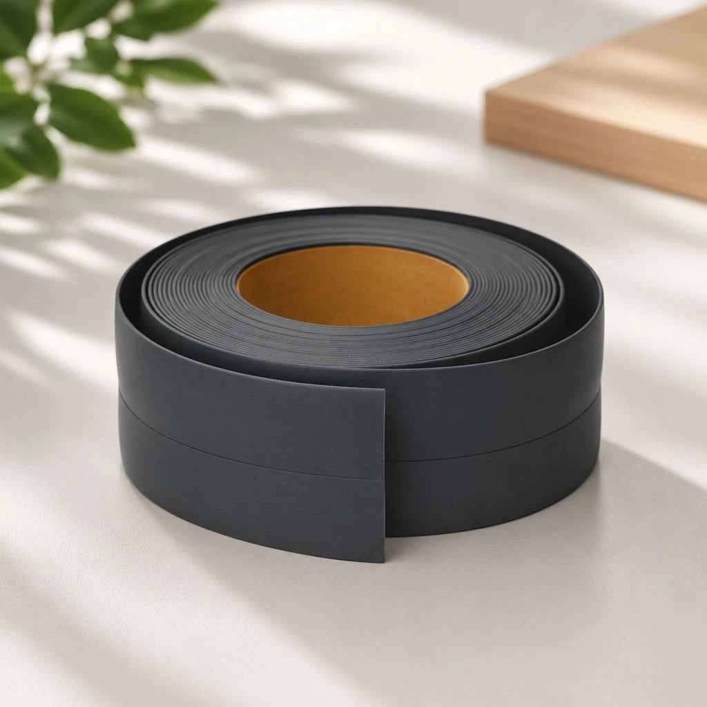 Flexible PVC Skirting Board roll in Dark Grey, self-adhesive wall base molding for floor edging and corner protection.