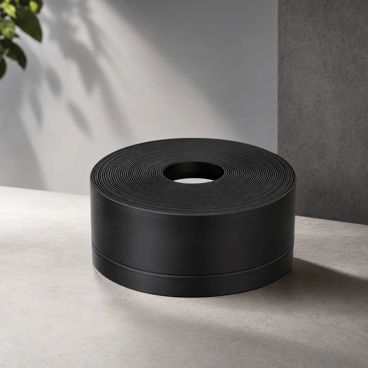 Flexible PVC trim strip wall floor edge finishing close up in black color