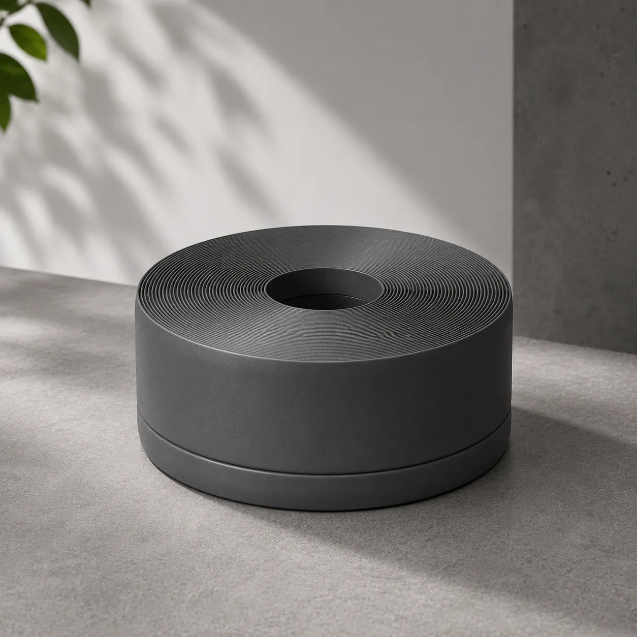 Flexible PVC trim strip wall floor edge finishing close up in dark grey color