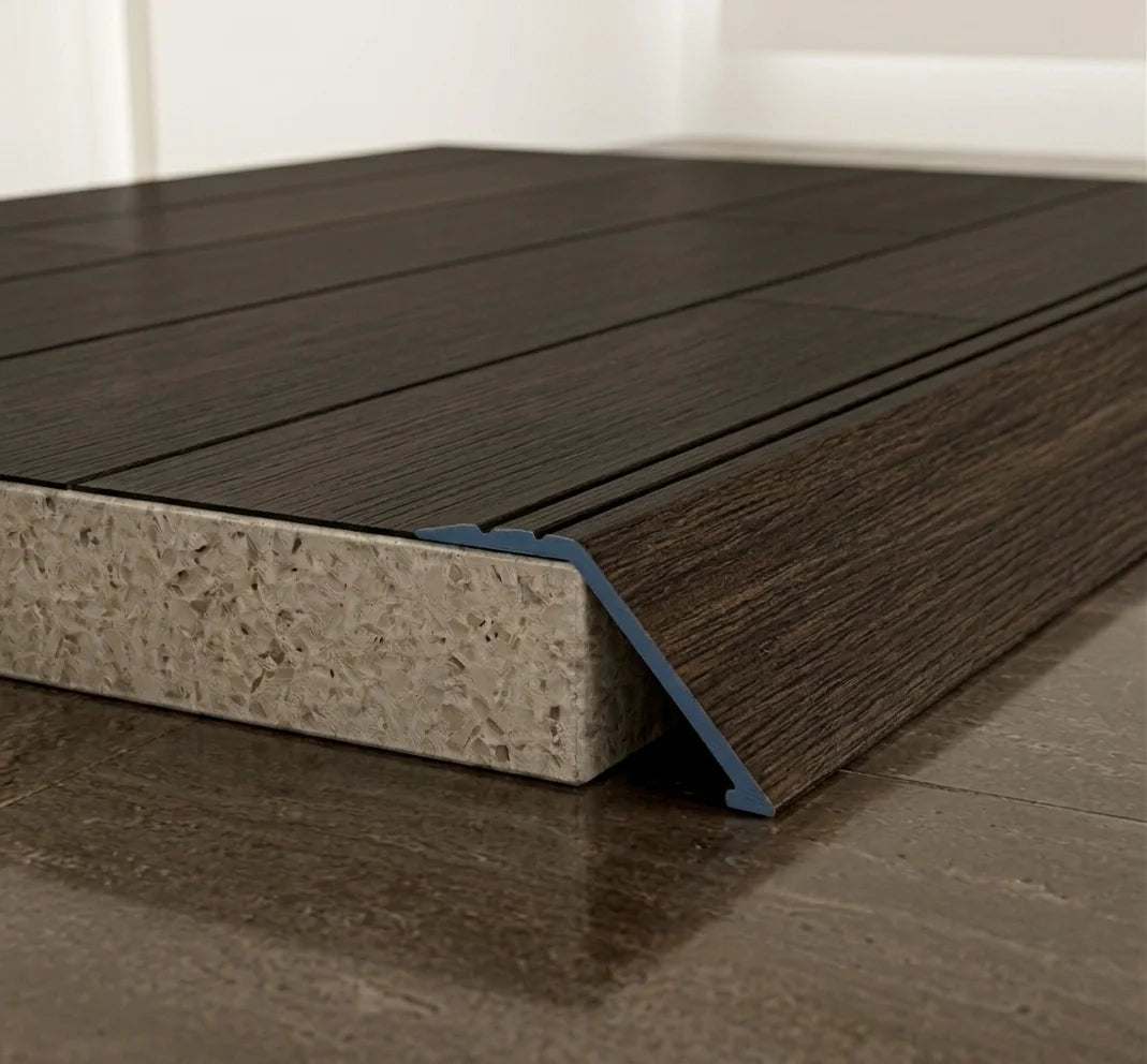 A47 41mm aluminium wood effect self adhesive door threshold ramp profile UK Wooden Japnese Chestnut Finish