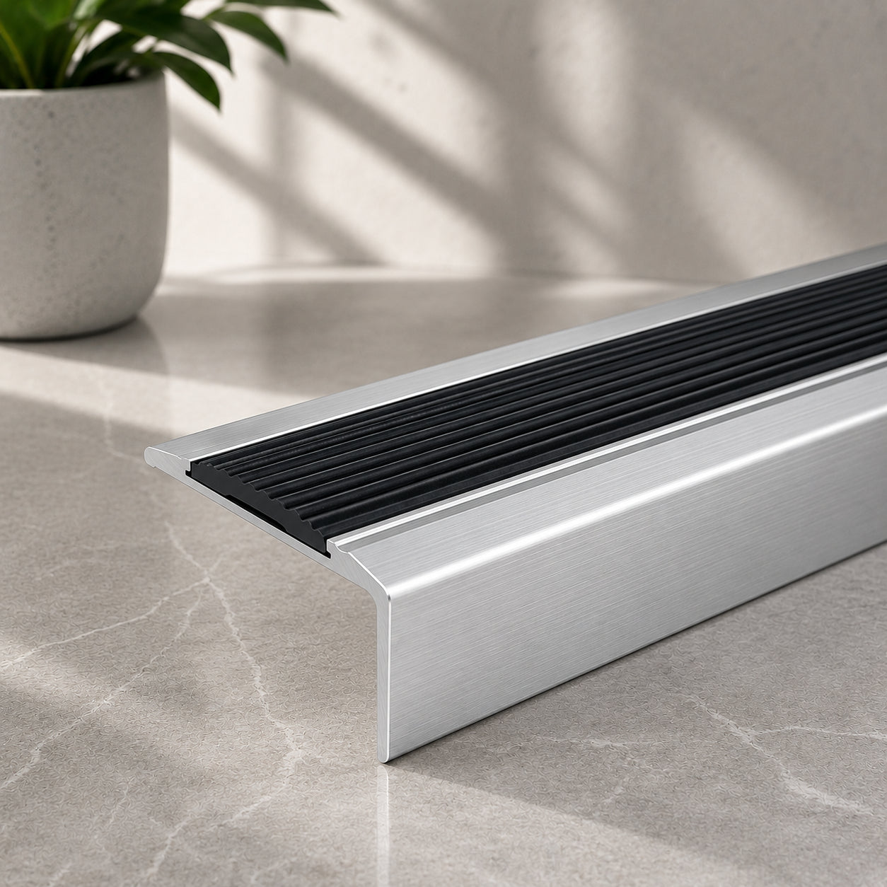 silver Aluminium Stair Nosing with Black Rubber Insert Self adhesive