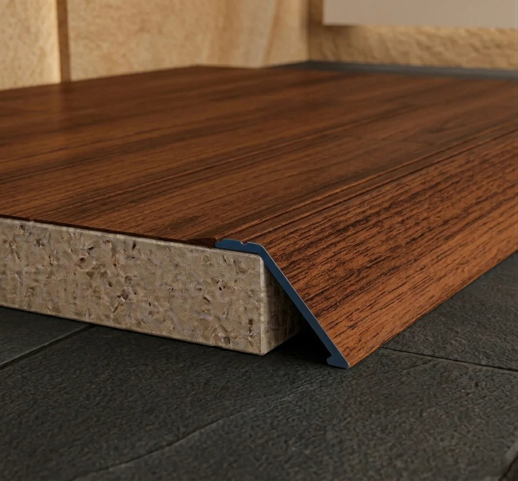 A47 41mm aluminium wood effect self adhesive door threshold ramp profile UK Wooden Togo Mahogany Finish