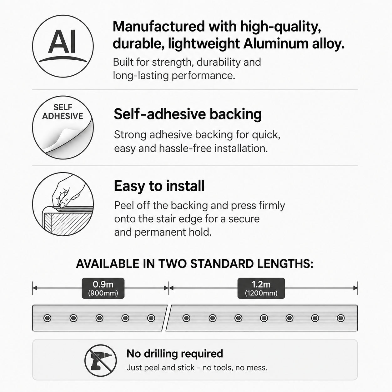 Aluminium Stair Nosing with Rubber Insert Self adhesive features