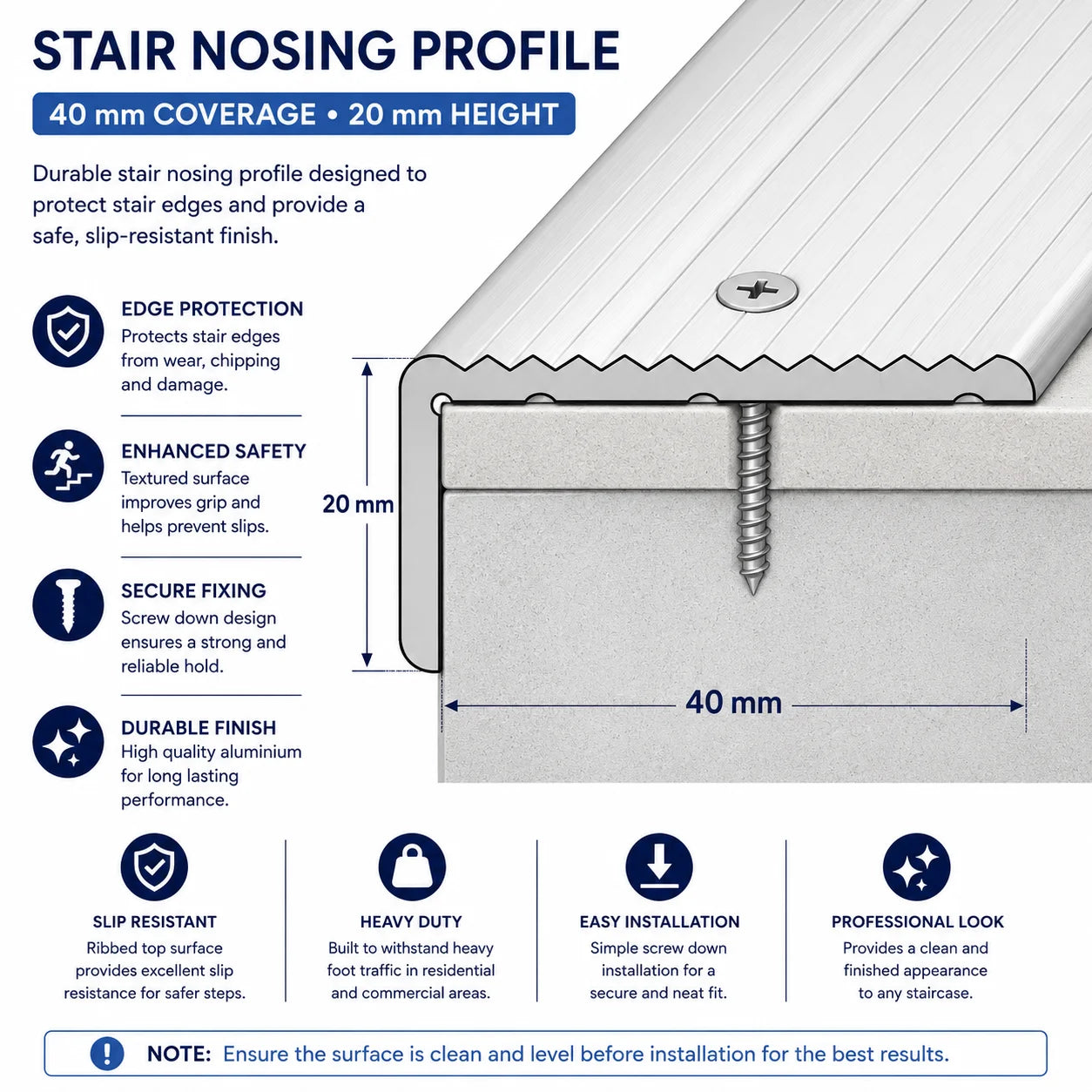 40 x 20mm Aluminium Non-Slip Ribbed Stair Nosing Edge Trim Screw Fix Diagram