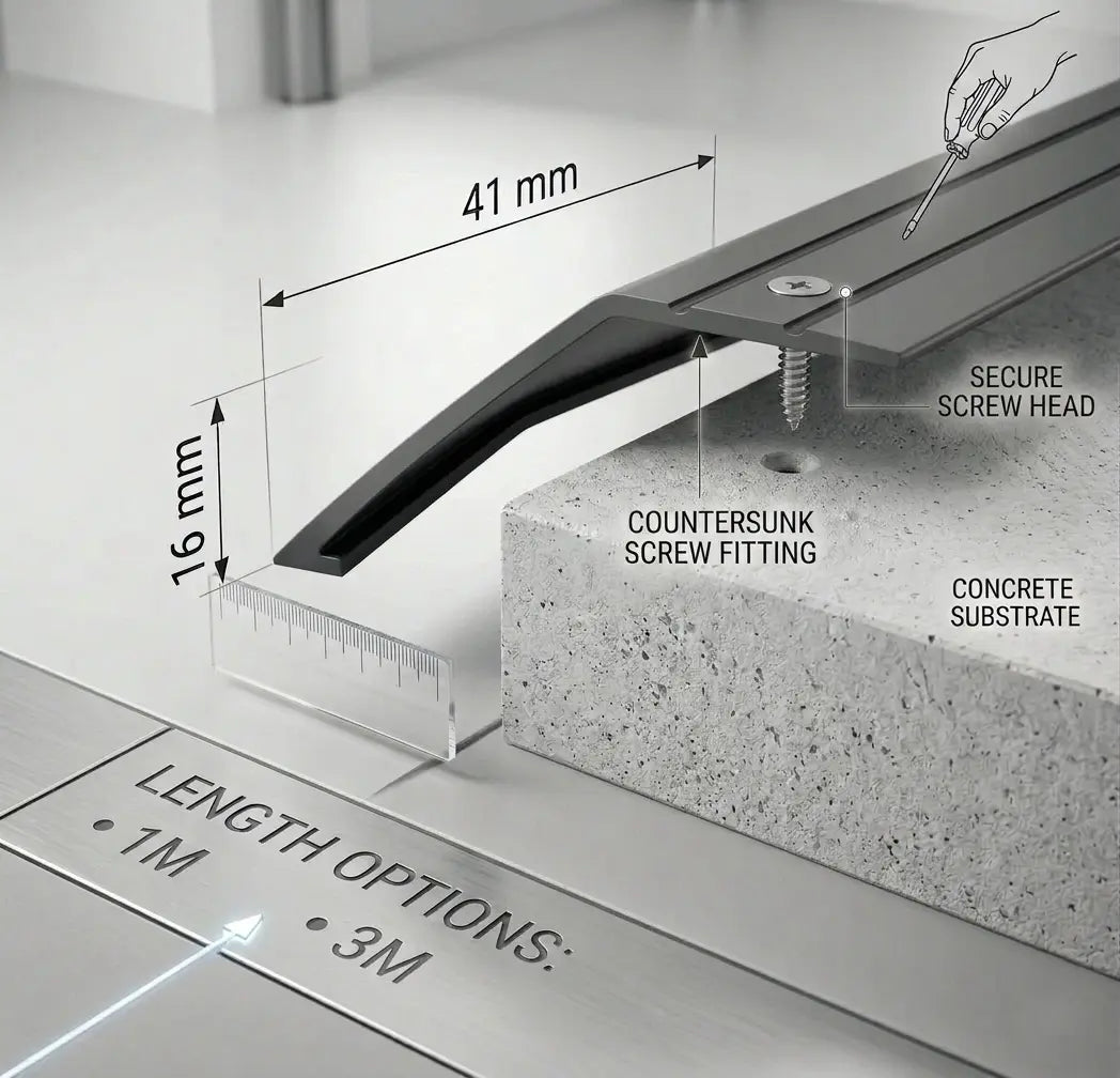 Aluminium door threshold bar screw fix anodised black finish close up Diagram