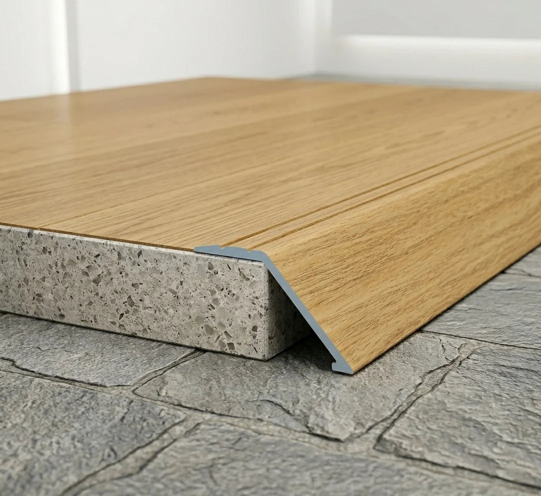 A47 41mm aluminium wood effect self adhesive door threshold ramp profile UK Wooden Amber Oak Finish