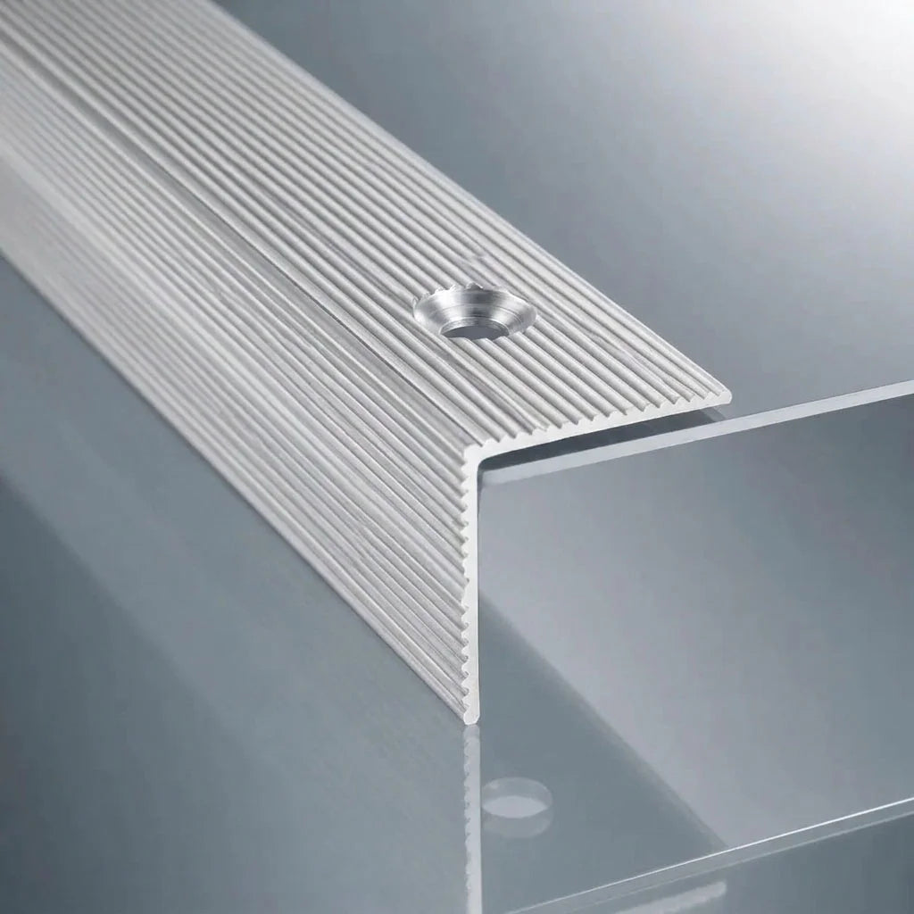 Silver anodised aluminium anti-slip stair nosing 35x35mm screw fitting ribbed edge trim for stairs
