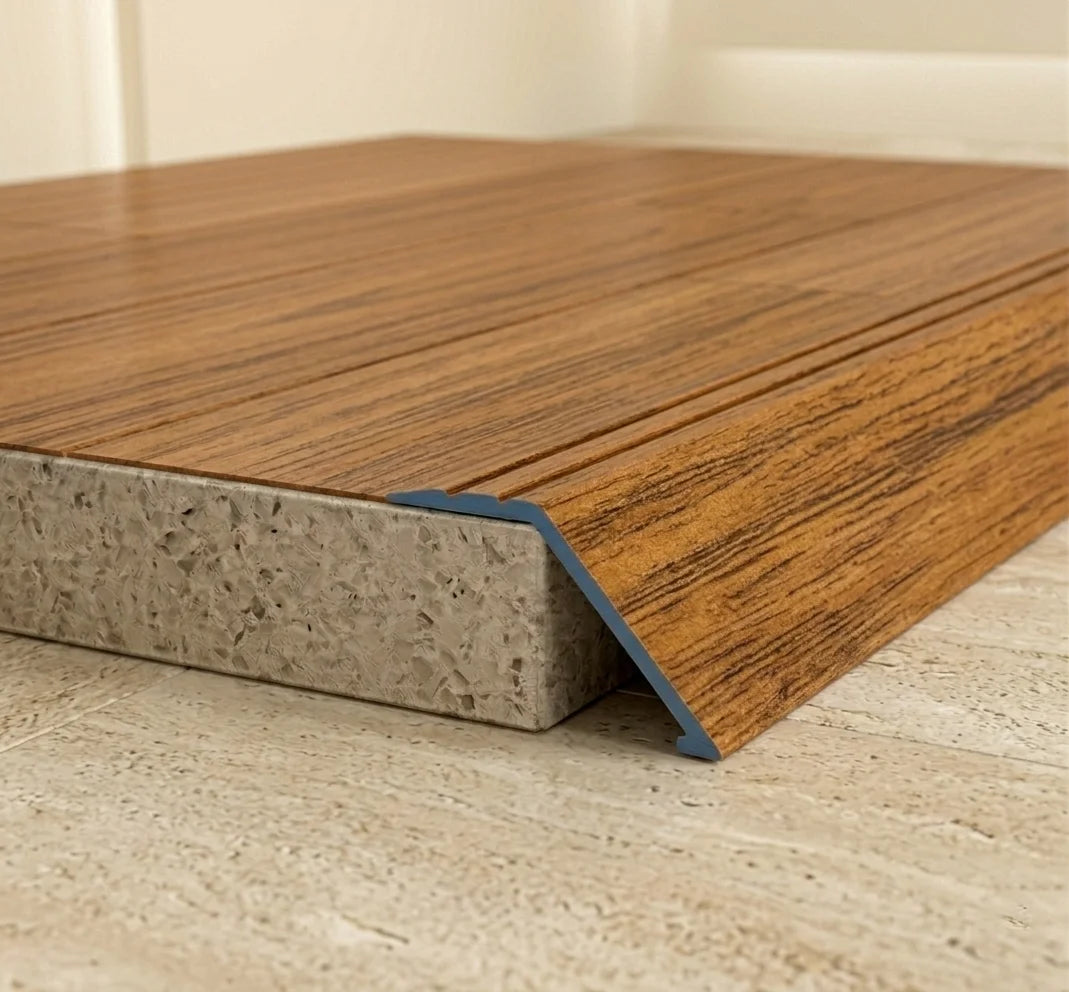 A47 41mm aluminium wood effect self adhesive door threshold ramp profile UK Wooden Chestnut Finish