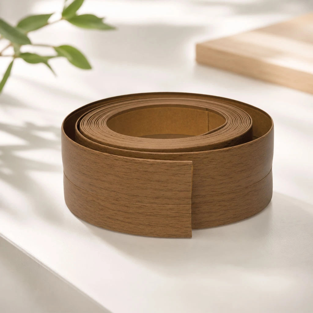 Flexible PVC Skirting Board roll in Beech wood finish, self-adhesive wall base molding for floor edging and corner protection.