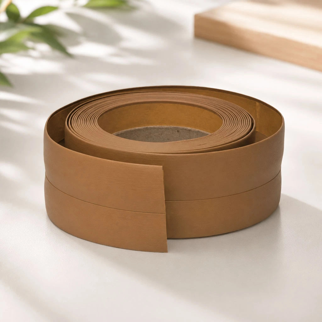 Flexible PVC Skirting Board roll in Beige self-adhesive wall base molding for floor edging and corner protection.