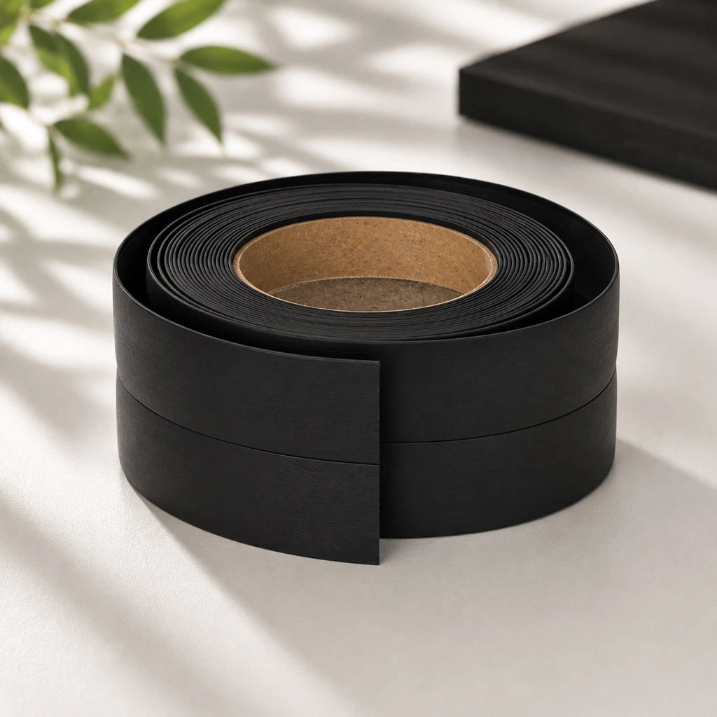 Flexible PVC Skirting Board roll in Black self-adhesive wall base molding for floor edging and corner protection.