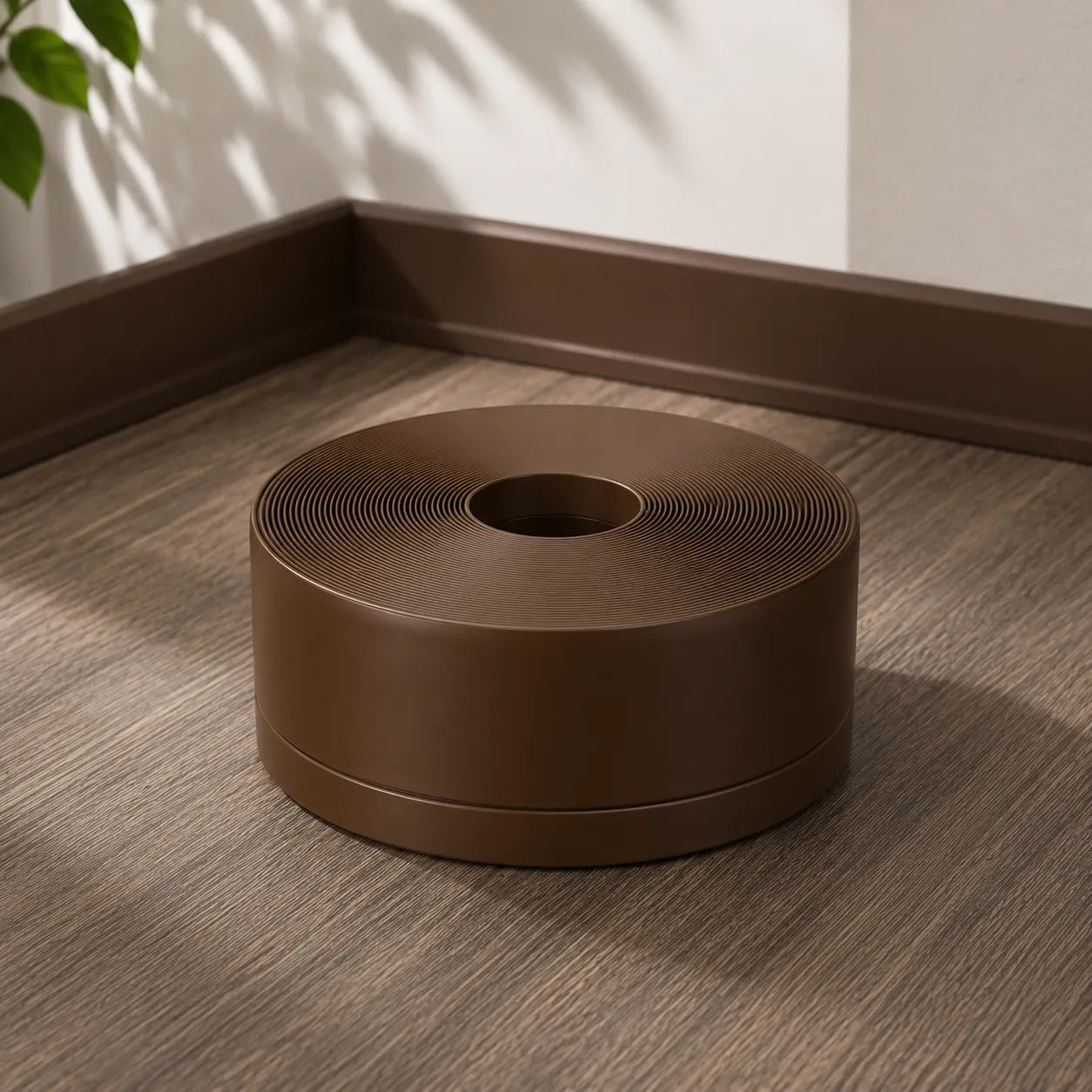 Flexible PVC trim strip wall floor edge finishing close up in brown color