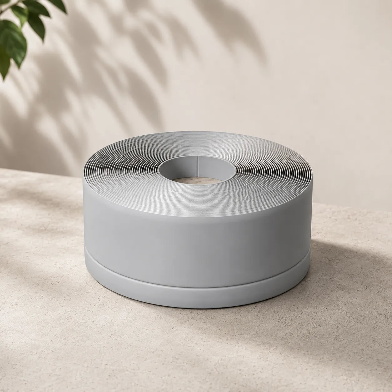 Flexible PVC trim strip wall floor edge finishing close up in light grey color