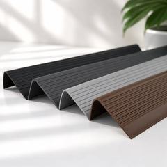 Flexible PVC anti-slip stair nosing profiles with textured grooved surface for enhanced stair edge safety and protection.