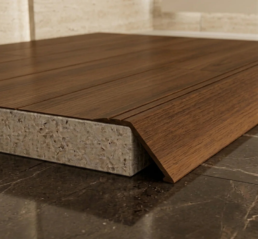 A47 41mm aluminium wood effect self adhesive door threshold ramp profile UK Wooden Indian Teak Finish