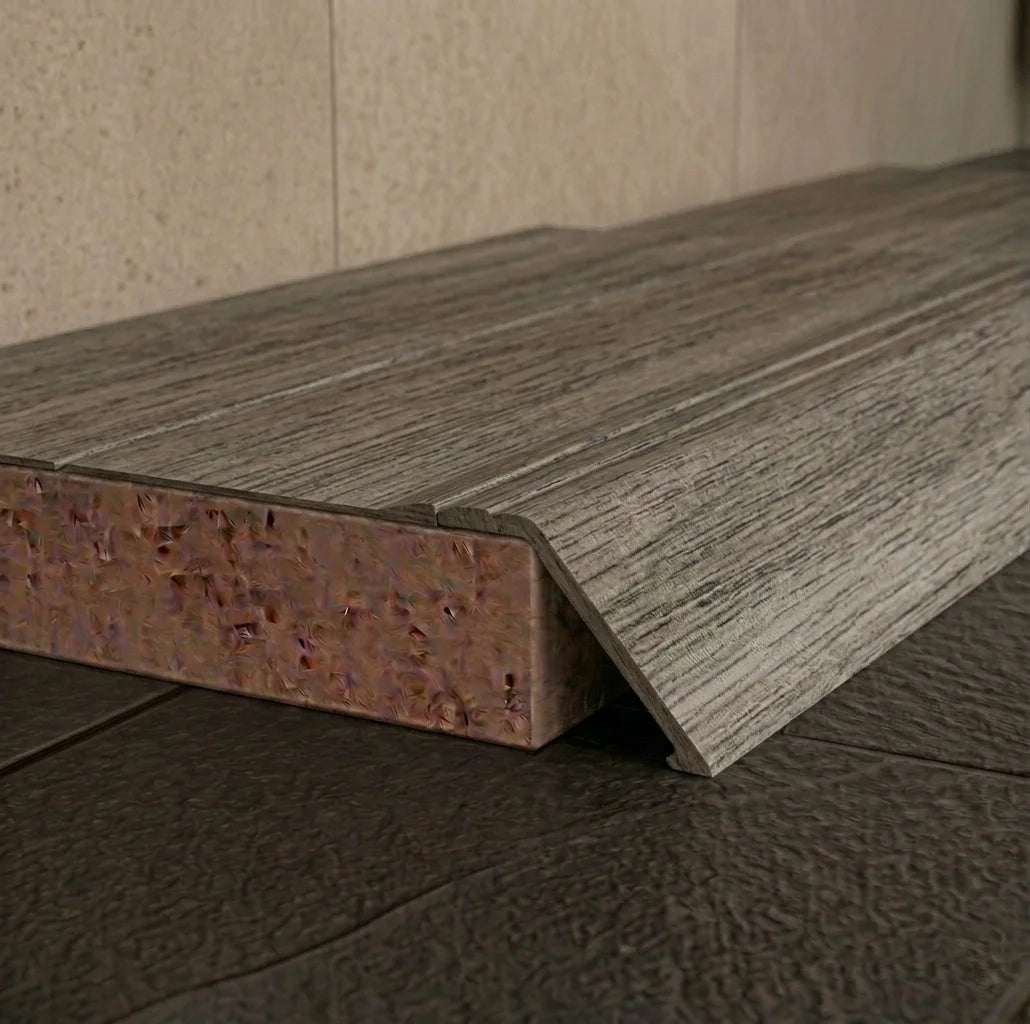 A47 41mm aluminium wood effect self adhesive door threshold ramp profile UK Wooden Merbau Finish
