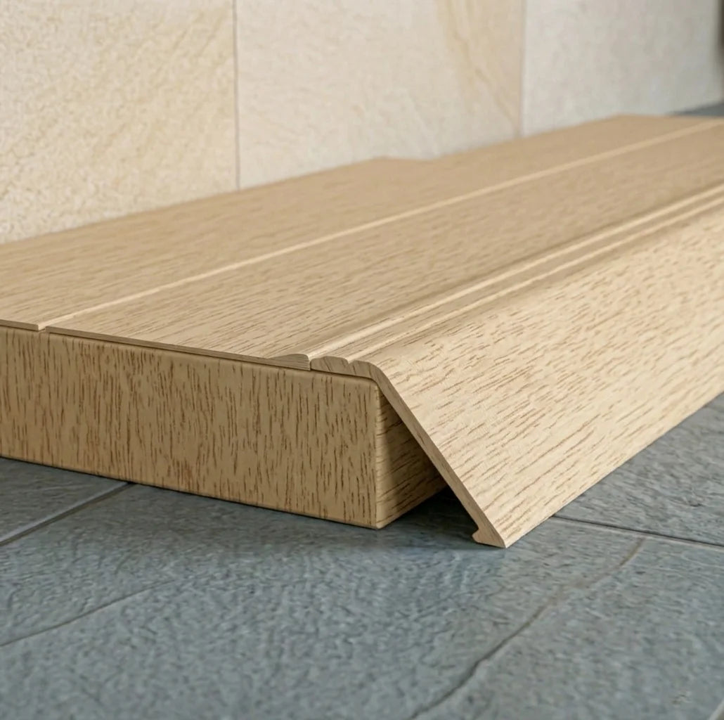 A47 41mm aluminium wood effect self adhesive door threshold ramp profile UK Wooden Sandy Oak Finish