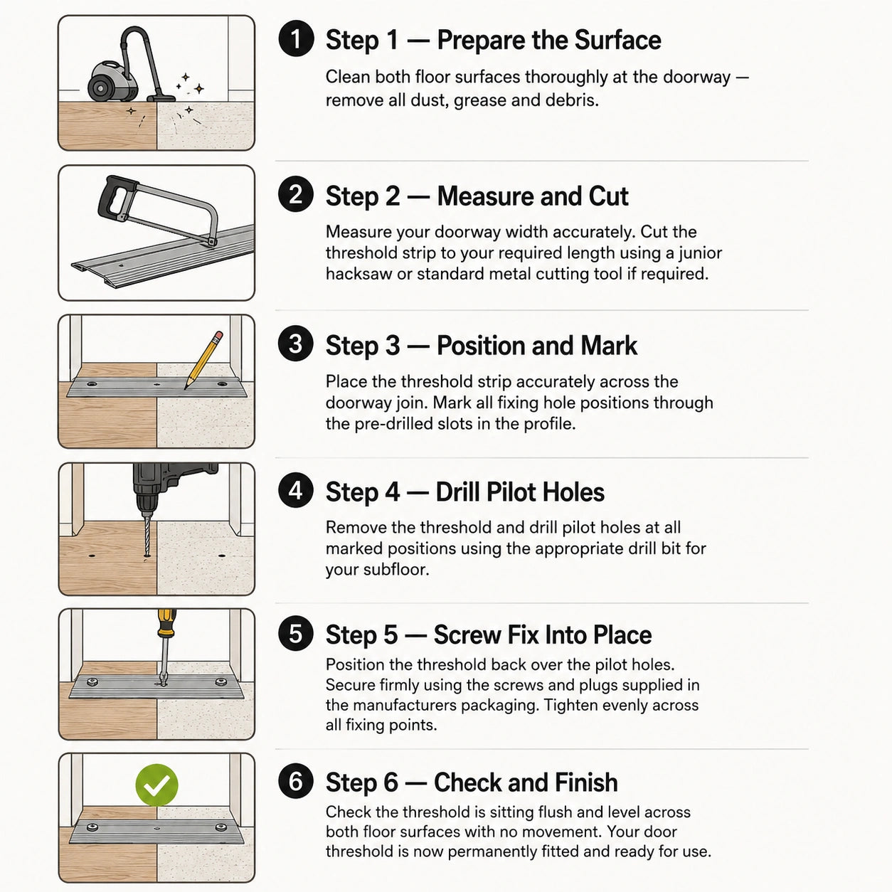 Aluminium Flat Screw Fix Door Threshold Strip installation guide