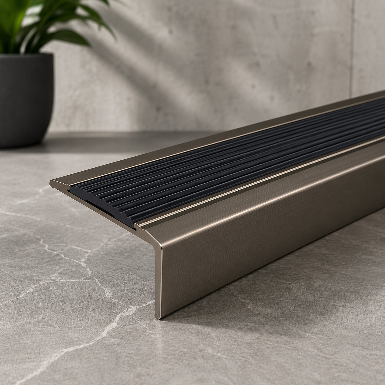 Champagne Aluminium Stair Nosing with Black Rubber Insert Self adhesive