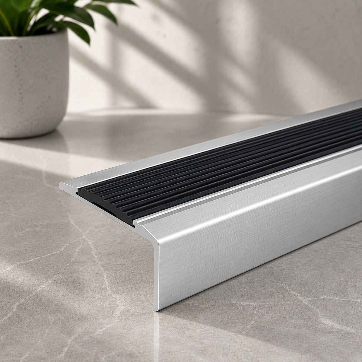 silver Aluminium Stair Nosing with Black Rubber Insert Self adhesive