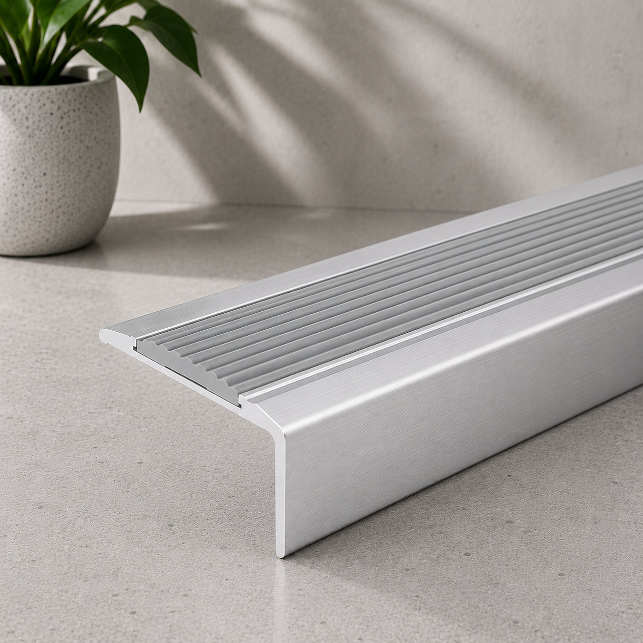 Silver Aluminium Stair Nosing with Grey Rubber Insert Self adhesive