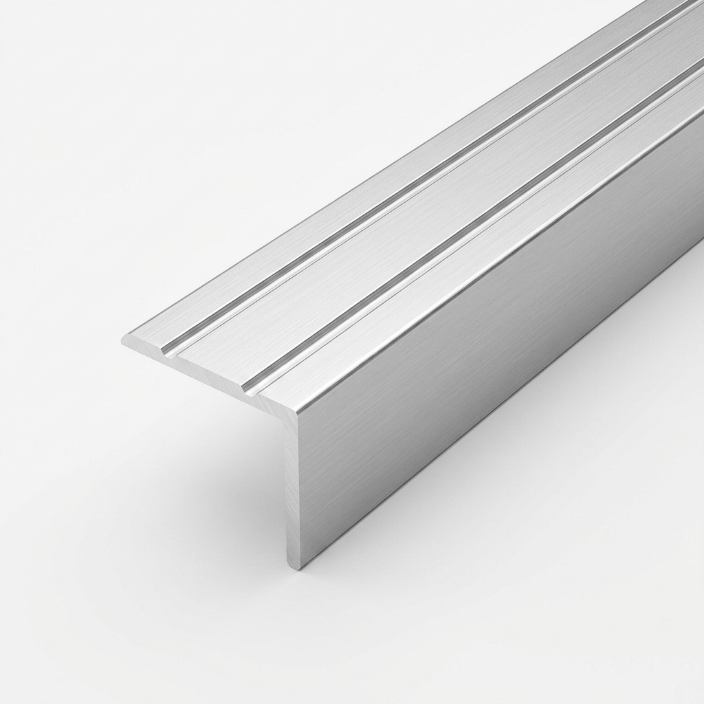 Silver brushed aluminum stair nosing profile with anti-slip grooves, shown in close-up on a white background.
