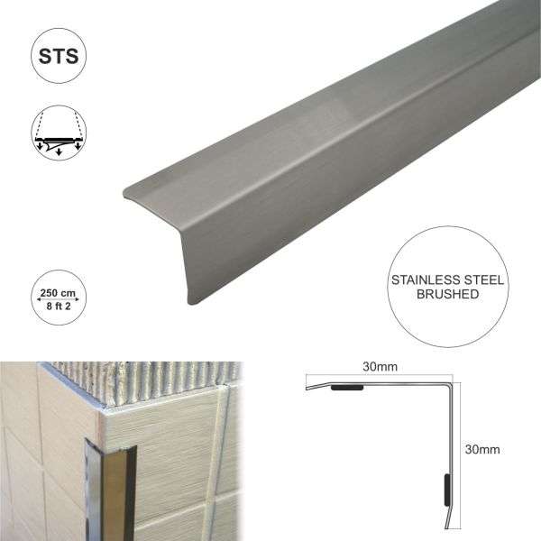 Stainless steel angle wall cladding corner trim protector bevelled edges 30x30mm