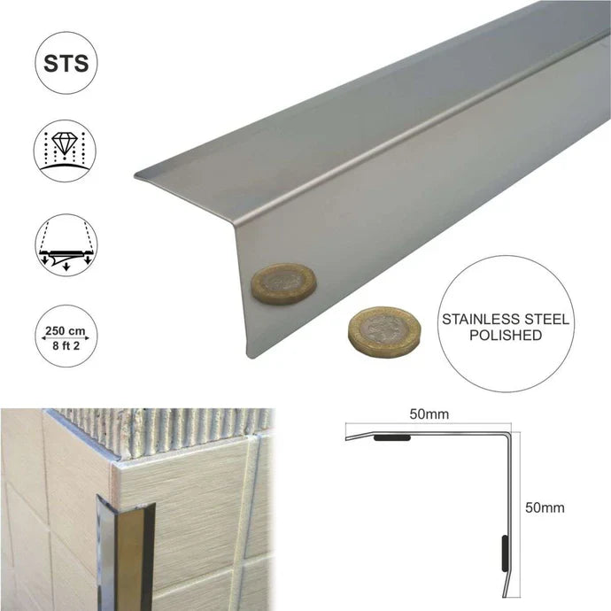 Stainless steel angle wall cladding corner trim protector bevelled edges 50x50mm