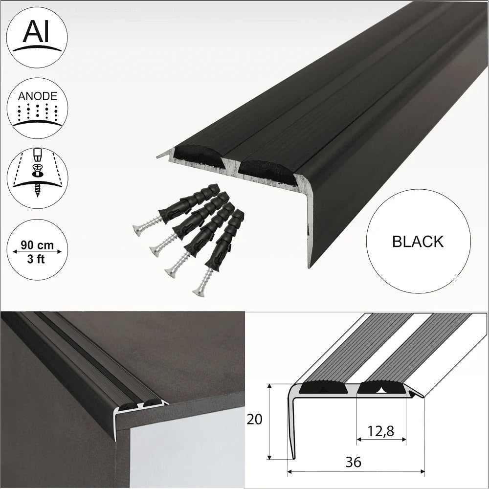 15 Pack A37 0.9m x 36mm x 20mm Screw Fit Anodised Aluminium Non Slip Stair Nosing With Black Rubber