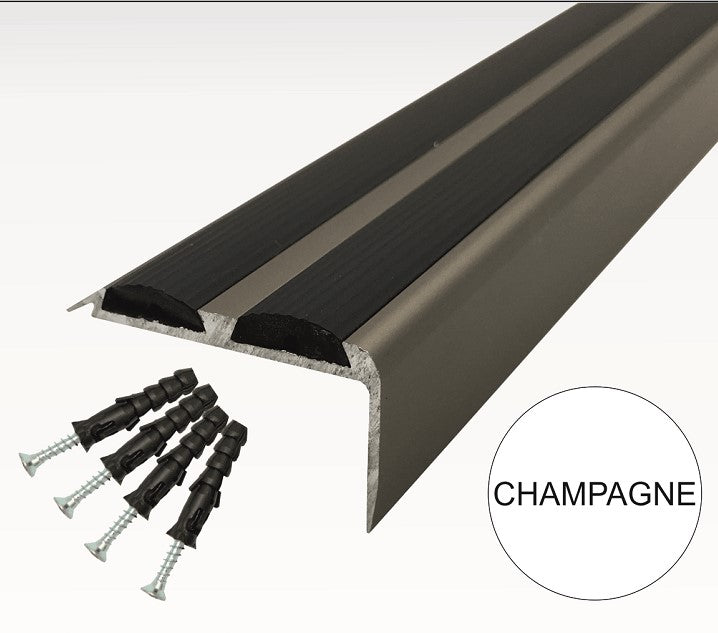 15 Pack Champagne A37 0.9m x 36mm x 20mm Screw Fit Anodised Aluminium Non Slip Stair Nosing With Black Rubber
