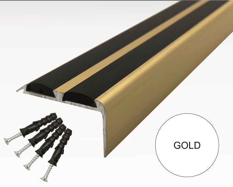 15 Pack Gold A37 0.9m x 36mm x 20mm Screw Fit Anodised Aluminium Non Slip Stair Nosing With Black Rubber