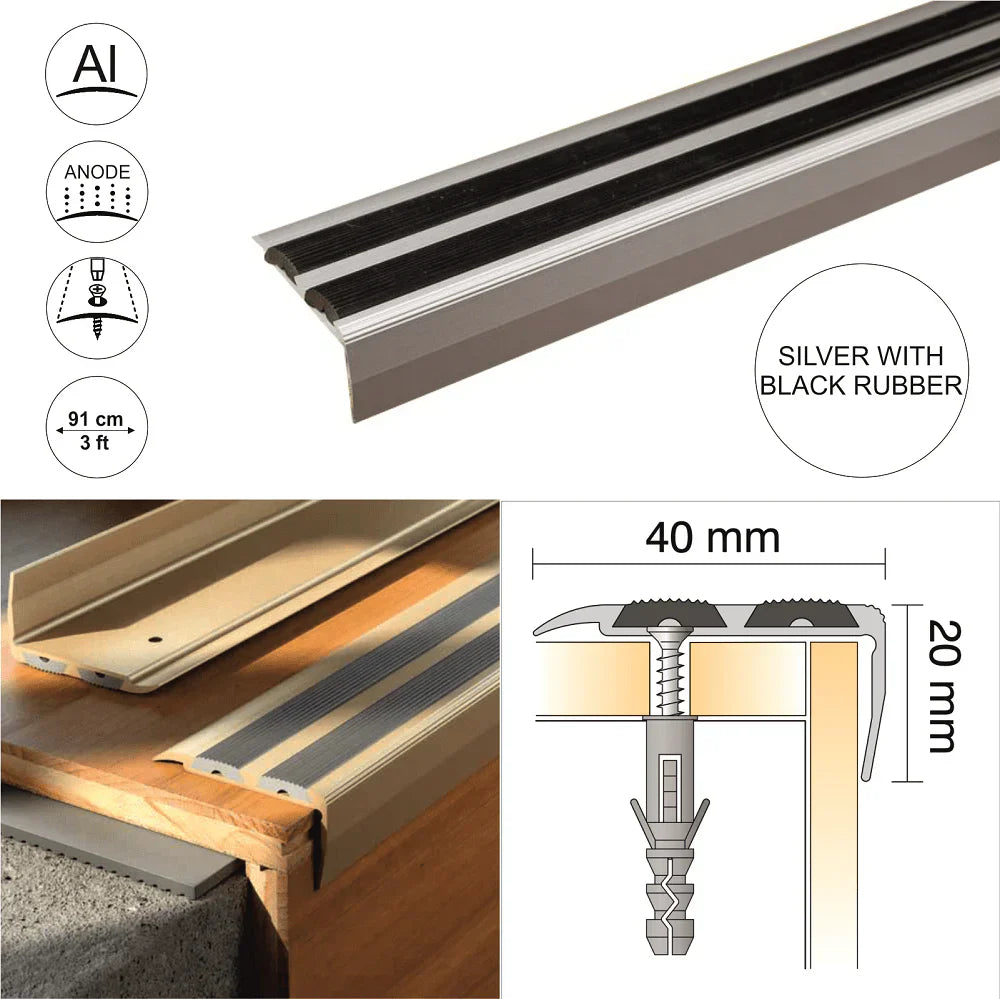 SA11 40 x 20mm Anodised Aluminium Non Slip Rubber Stair Nosing Edge Trim With Insert
